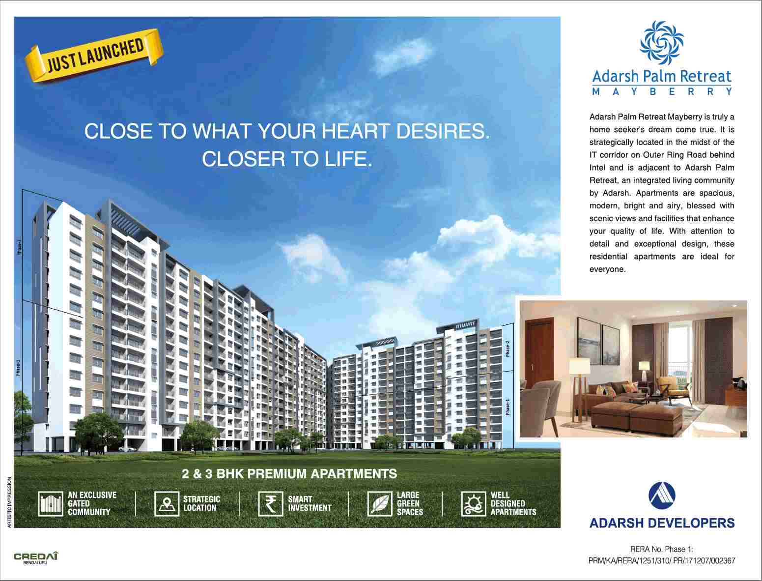 Book 2 & 3 BHK premium apartments at Adarsh Palm Retreat Mayberry in Bangalore